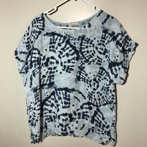 Bellambra made in Italy blue print linen short sleeve top womens L lagenlook